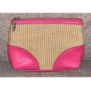 Bath & Body Works Hot Pink Faux Leather & Straw Zippered Cosmetic Bag